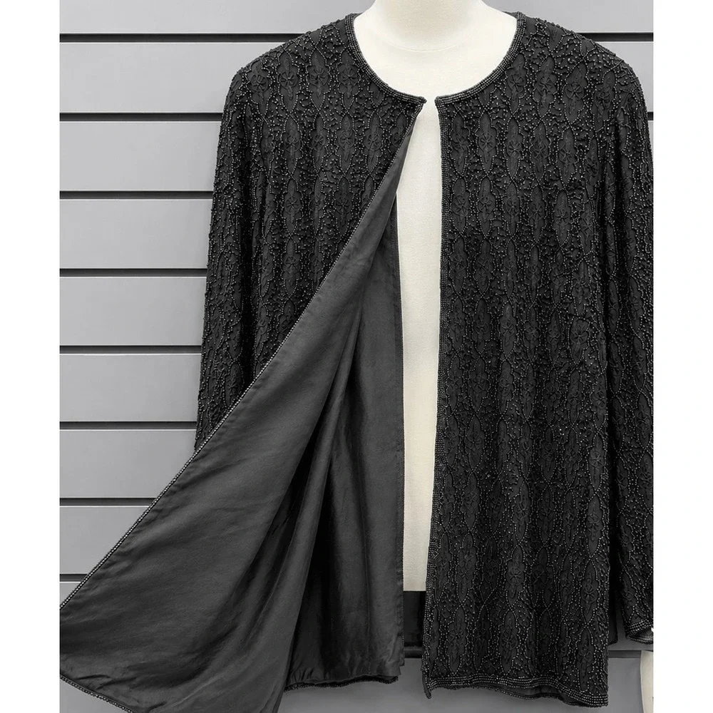 New Papell Boutique Evening Party Jacket Size 2X Black Fully Beaded Open Front